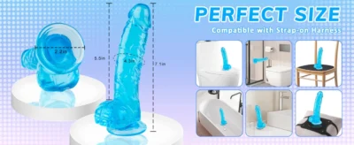 Size guide of 7 inch realistic blue dildo compatible with strap-on harness