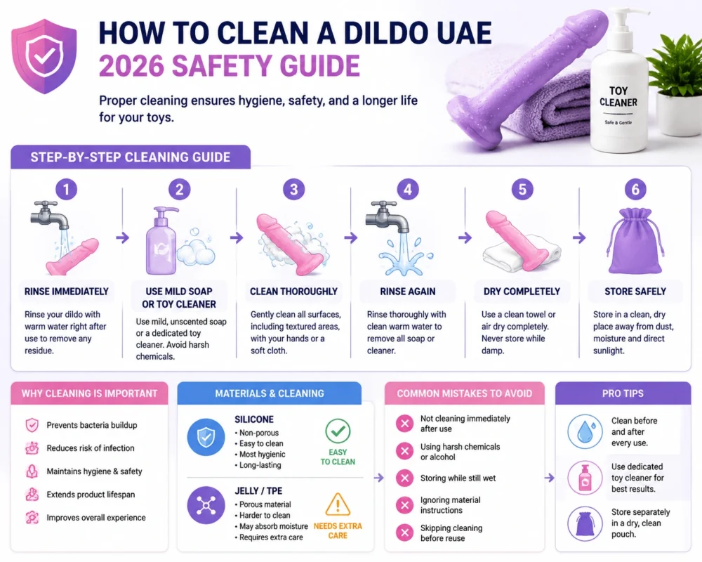 How to clean a dildo UAE 2026 step by step hygiene guide showing cleaning process safety tips and material care instructions