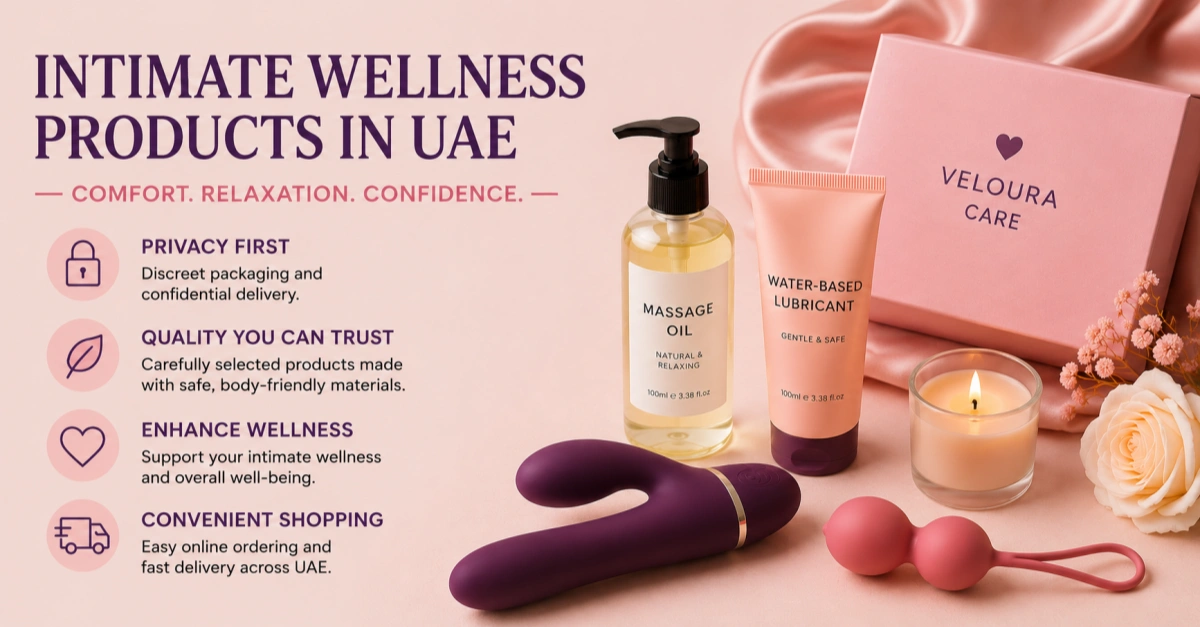 Intimate wellness products in UAE infographic showing privacy, quality, wellness, and convenience