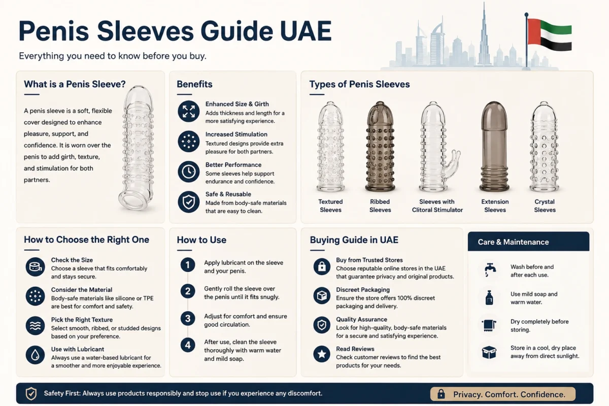 Penis Sleeves Guide UAE showing different types of male enhancement sleeves and wellness products in UAE