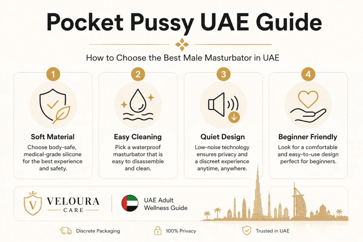 Pocket Pussy UAE Guide showing how to choose the best male masturbator in UAE with tips on material, cleaning, noise level and beginner-friendly design.