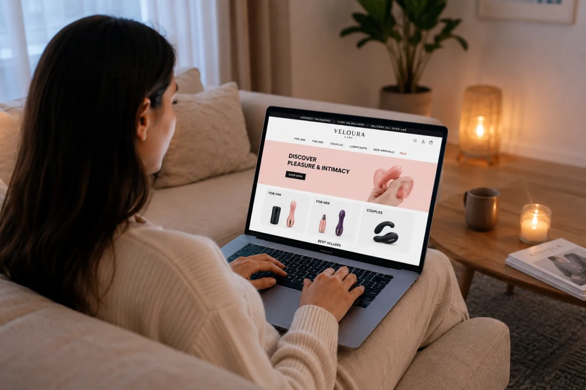 Woman browsing intimate wellness products online at home in Al Ain UAE