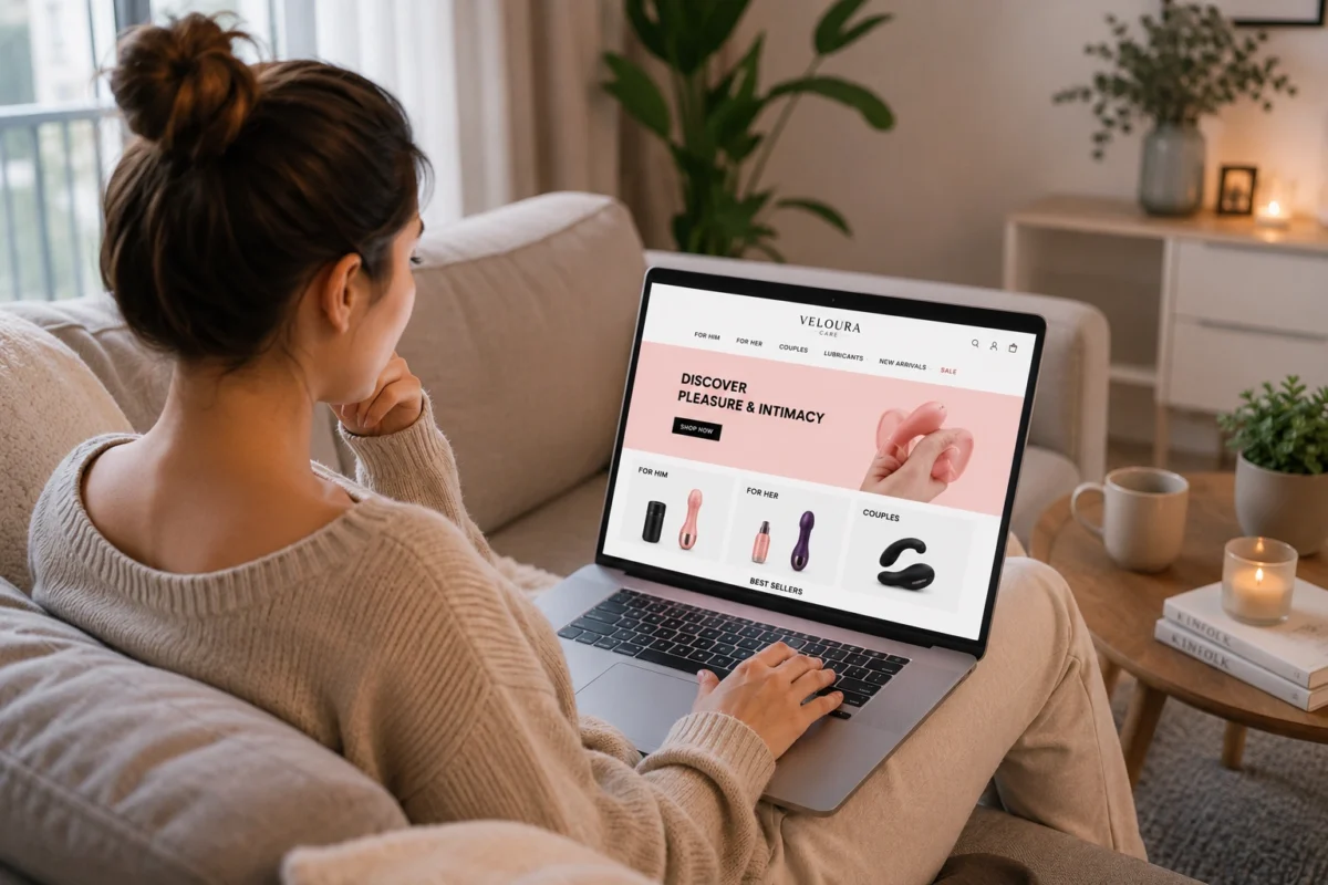 Woman browsing intimate wellness products online at home in Umm Al Quwain UAE