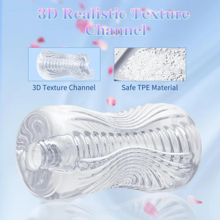 Internal textured tunnel of transparent male masturbator sleeve